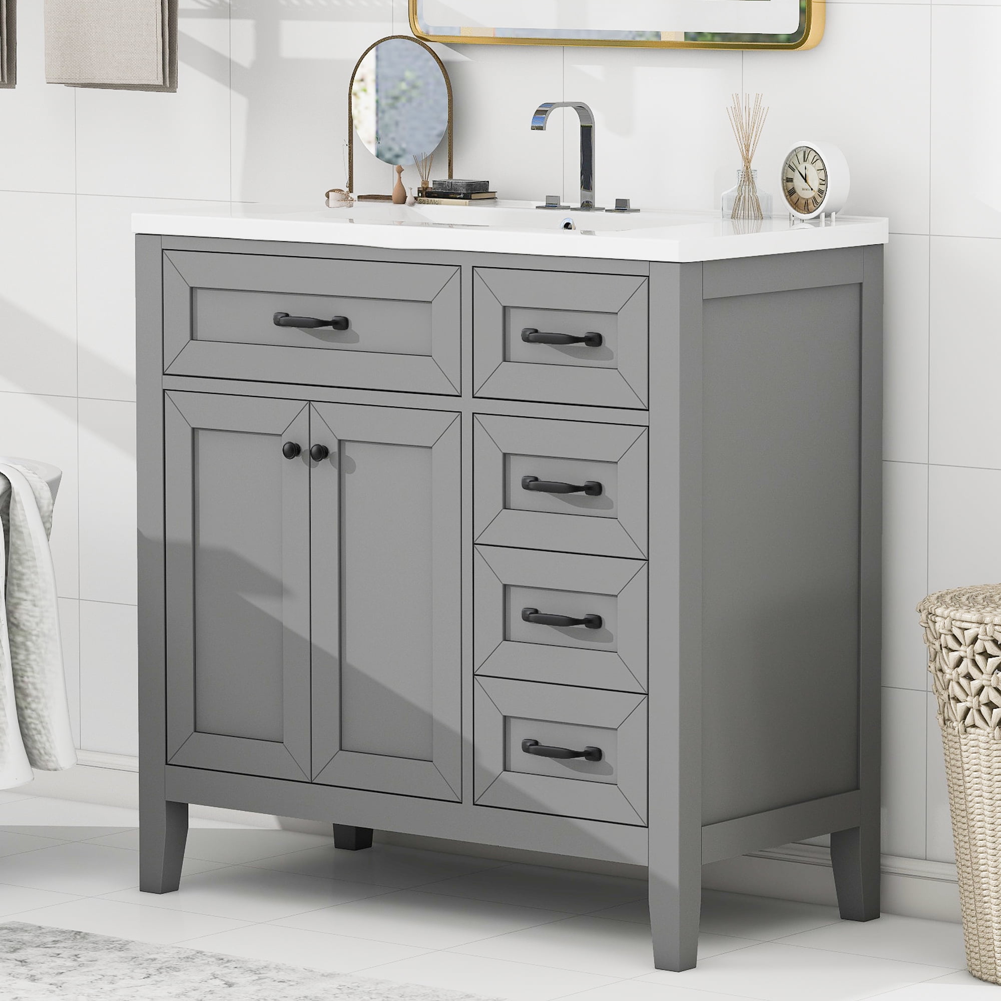 Euroco 36" Freestanding Bathroom Vanity with Ceramic Sink, Storage Cabinet & Drawers, Solid Wood and MDF Construction – Black with Silver Handles