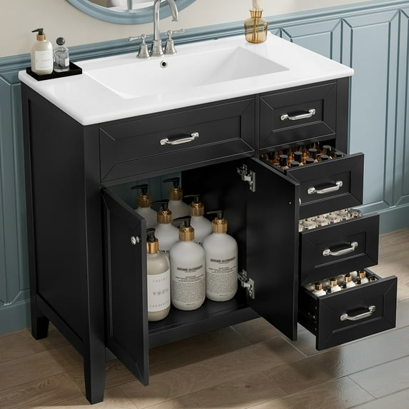 Euroco 36" Freestanding Bathroom Vanity with Ceramic Sink, Storage Cabinet & Drawers, Solid Wood and MDF Construction – Black with Silver Handles