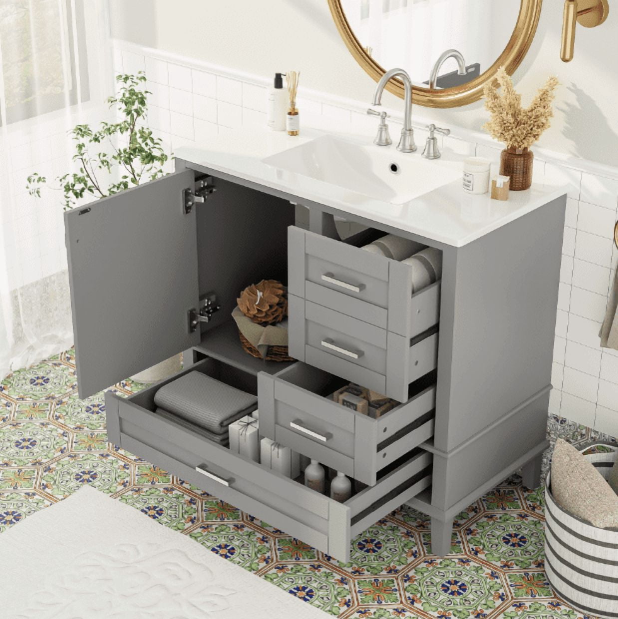 Euroco 36" Grey Bathroom Vanity with Solid Pine Frame, 1 Soft Close Door and 3 Drawers , Modern Storage Cabinet