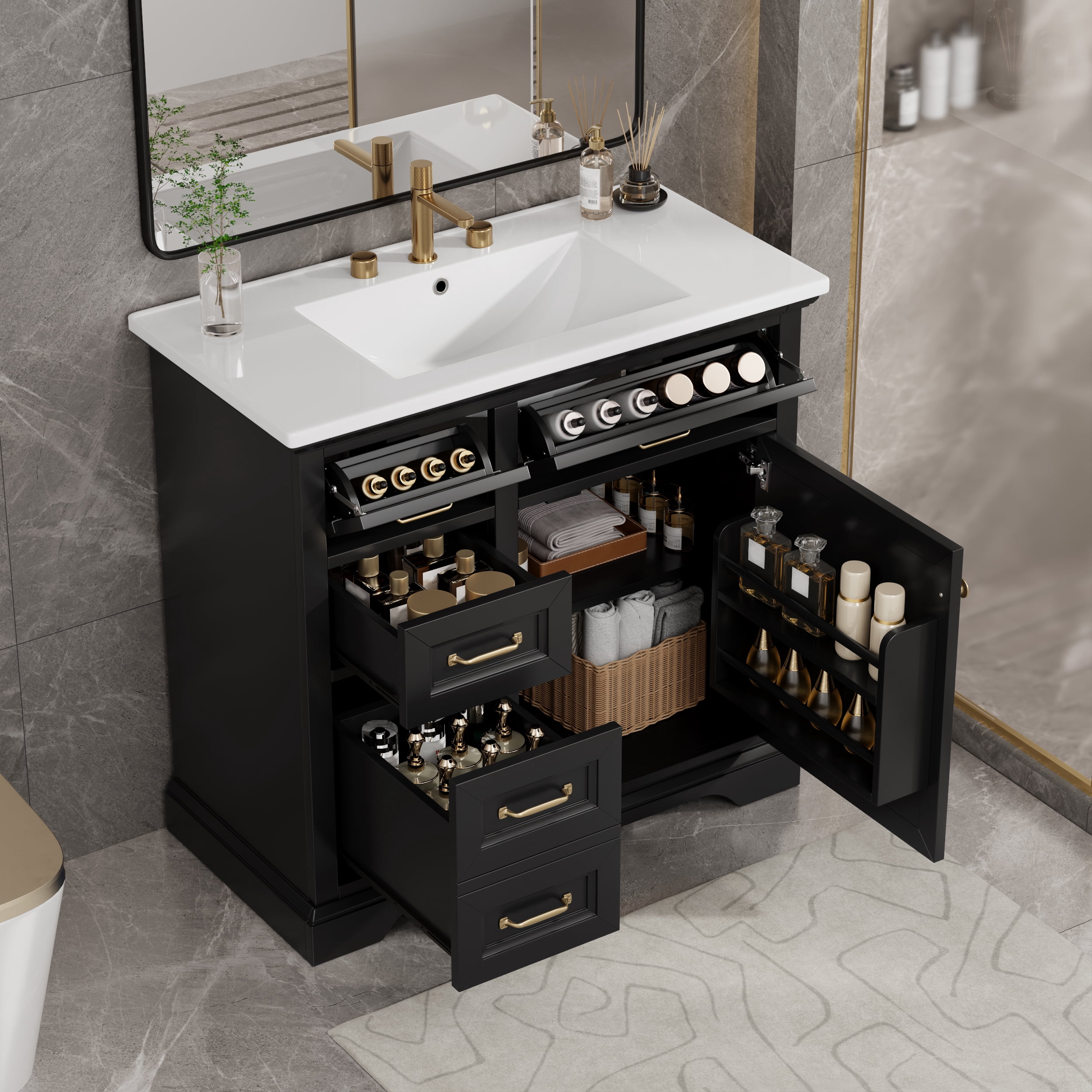 洋楽 CERY - Black Vanity Euroco 36-Inch Bathroom Vanity with Ceramic Sink Top, 4 Drawers