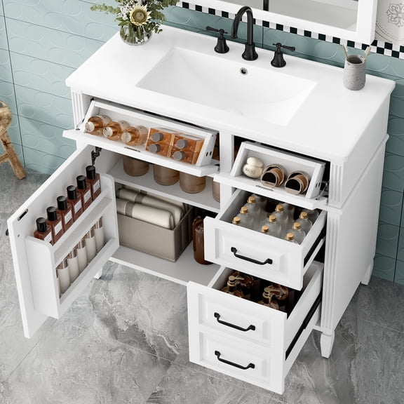Euroco 36-Inch Bathroom Vanity with Ceramic Sink Top, Solid Wood Frame and MDF Cabinet, Flip Drawer Design with Adjustable Shelf and Metal Handles, Freestanding Bathroom Storage Cabinet