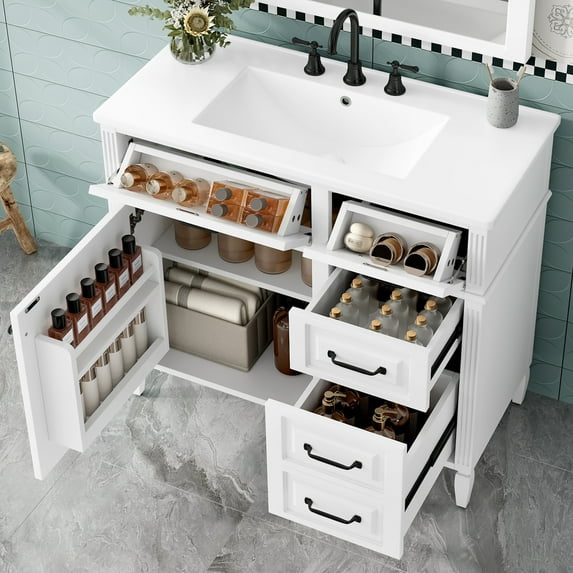 Euroco 36-Inch Bathroom Vanity with Ceramic Sink Top, Solid Wood Frame and MDF Cabinet, Flip Drawer Design with Adjustable Shelf and Metal Handles, Freestanding Bathroom Storage Cabinet