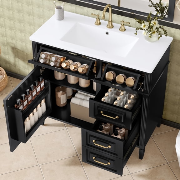 Euroco 36-Inch Bathroom Vanity with Ceramic Sink Top, Solid Wood Frame and MDF Cabinet, Flip Drawer Design with Adjustable Shelf and Metal Handles, Freestanding Bathroom Storage Cabinet