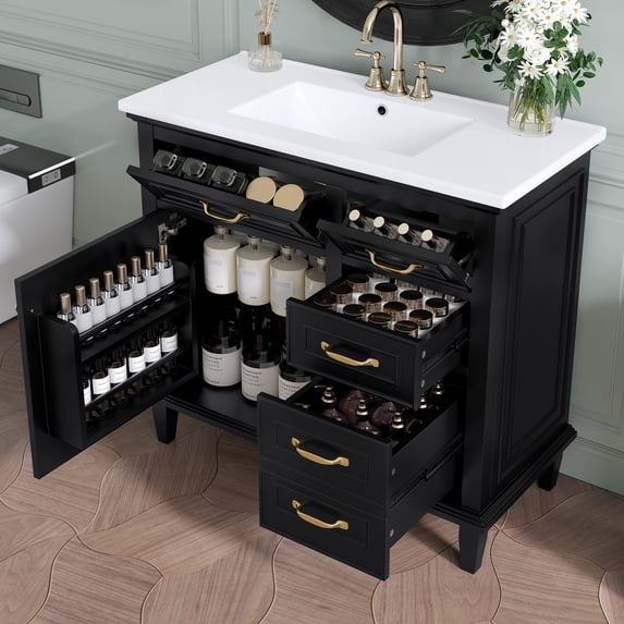 Euroco 36 Inch Bathroom Vanity with Ceramic Sink Top, Solid Wood Frame, MDF & Poplar Cabinet, Flip Drawers, Adjustable Shelf, and Zinc Alloy Handles(Faucet Not Included)