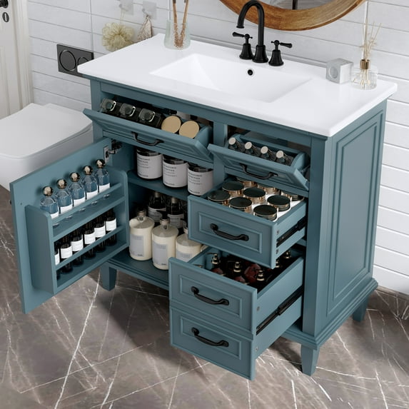 Euroco 36 Inch Bathroom Vanity with Ceramic Sink Top, Solid Wood Frame, MDF & Poplar Cabinet, Flip Drawers, Adjustable Shelf, and Zinc Alloy Handles(Faucet Not Included)