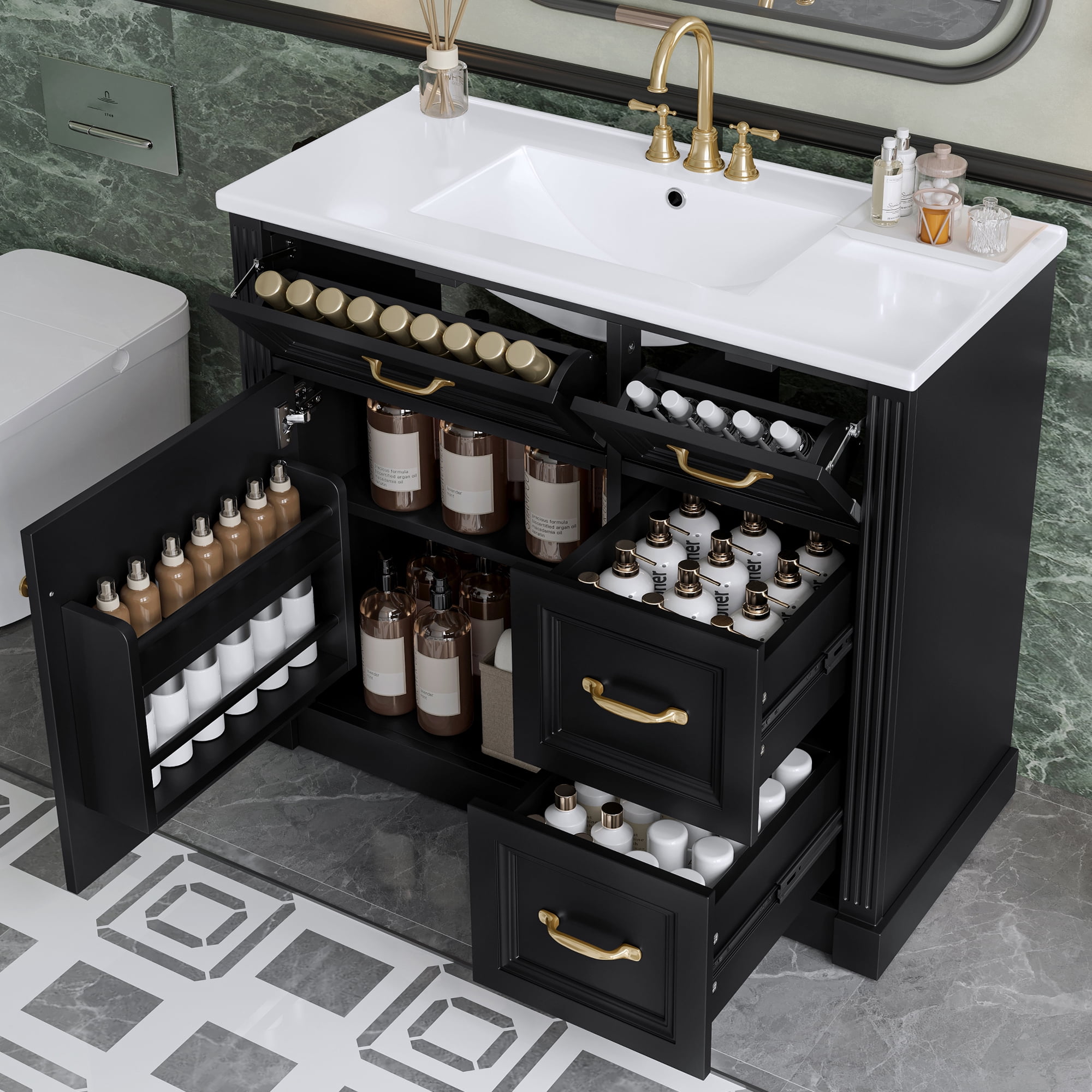 Euroco 36 Inch Bathroom Vanity with Sink, Cabinet with 4 Drawers, Soft-Close Door & Adjustable Shelf, Ceramic Basin, Modern Storage Vanity for Bathroom Organization, Black Finish