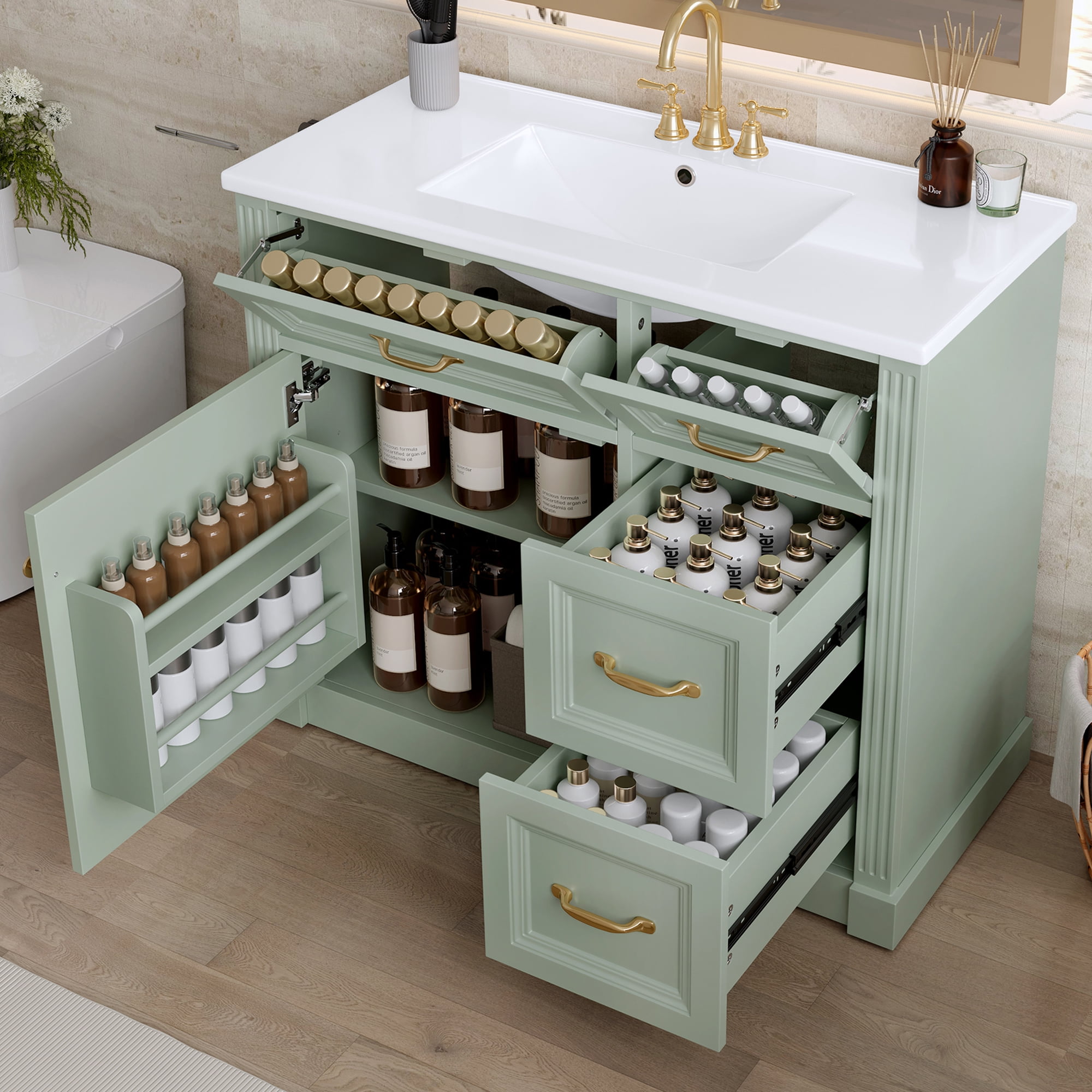 Euroco 36 Inch Bathroom Vanity with Sink, Cabinet with 4 Drawers, Soft-Close Door & Adjustable Shelf, Ceramic Basin, Modern Storage Vanity for Bathroom Organization, Green Finish