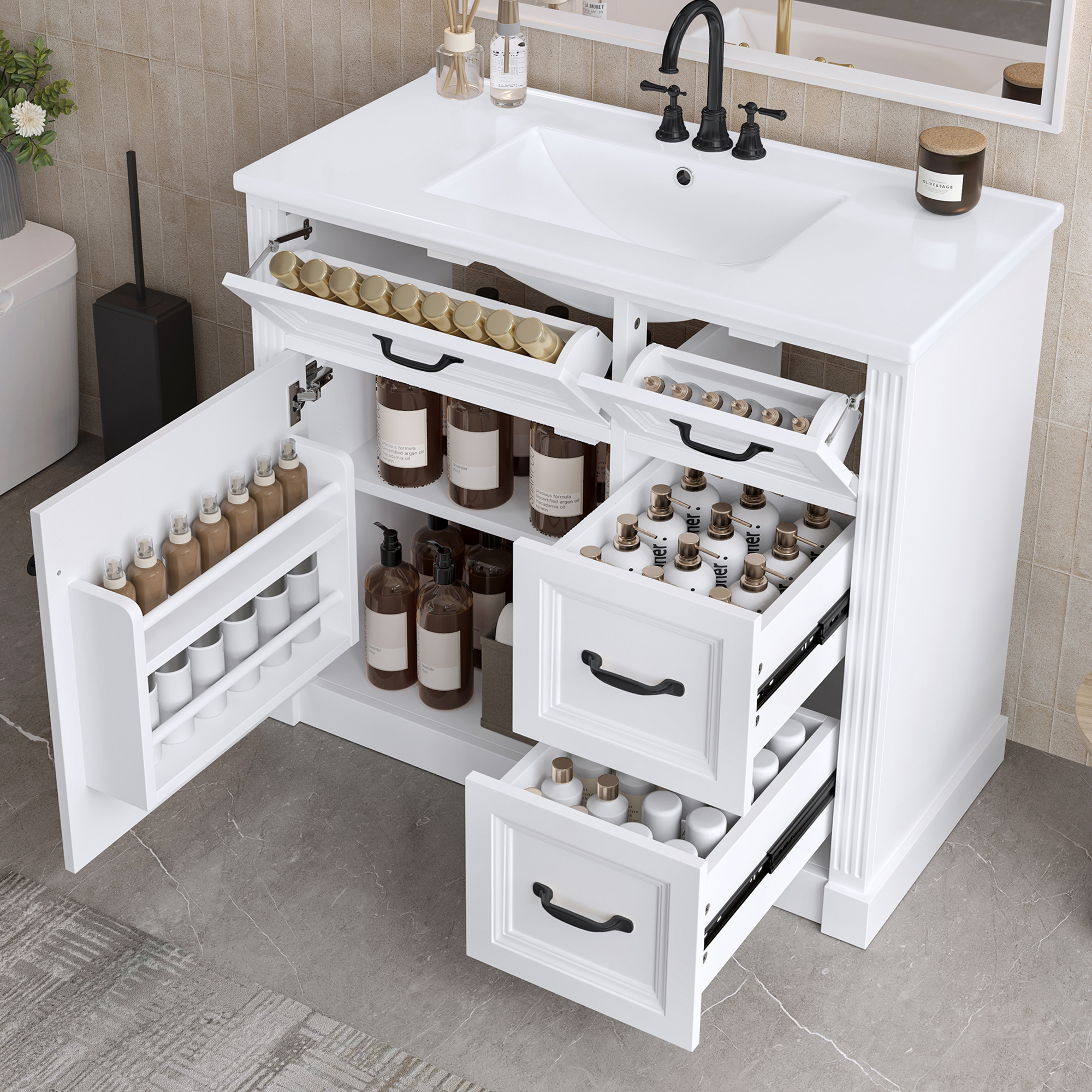 Euroco 36 Inch Bathroom Vanity with Sink, Cabinet with 4 Drawers, Soft-Close Door & Adjustable Shelf, Ceramic Basin, Modern Storage Vanity for Bathroom Organization, White Finish
