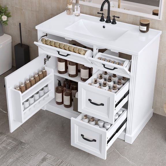 Euroco 36 Inch Bathroom Vanity with Sink, Cabinet with 4 Drawers, Soft-Close Door & Adjustable Shelf, Ceramic Basin, Modern Storage Vanity for Bathroom Organization, White Finish