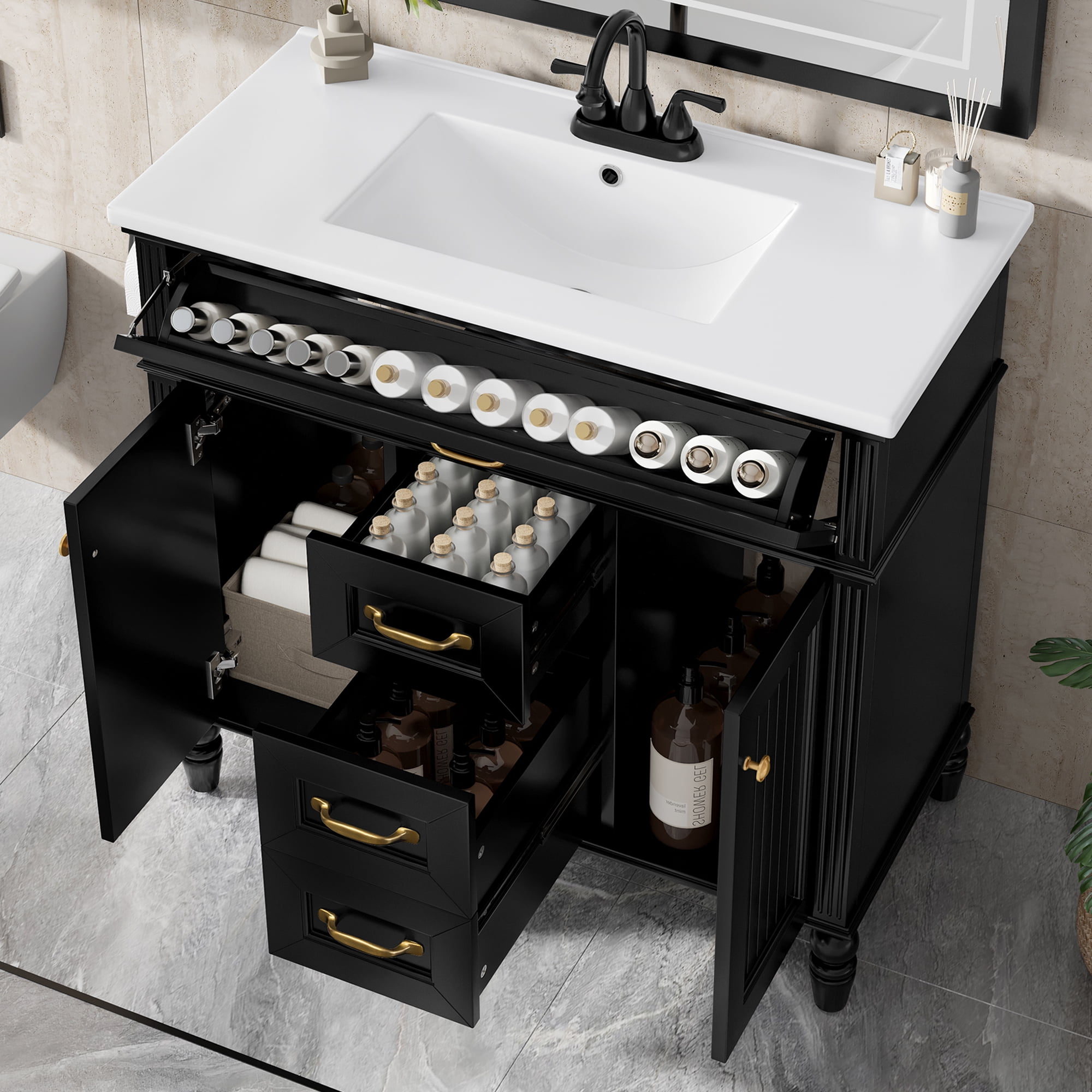 Euroco 36 Inch Bathroom Vanity with Sink Combo, Black Freestanding Cabinet with Ceramic Basin, MDF + Solid Wood Frame, Flip-Out Top Drawer, Soft Close Doors, 2 Storage Drawers, Golden Handles