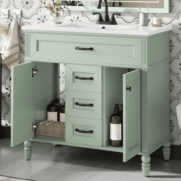 Euroco 36 Inch Bathroom Vanity with Sink Combo, Green Freestanding Cabinet with Ceramic Basin, MDF + Solid Wood Frame, Flip-Out Top Drawer, Soft Close Doors, 2 Storage Drawers, Black Handles