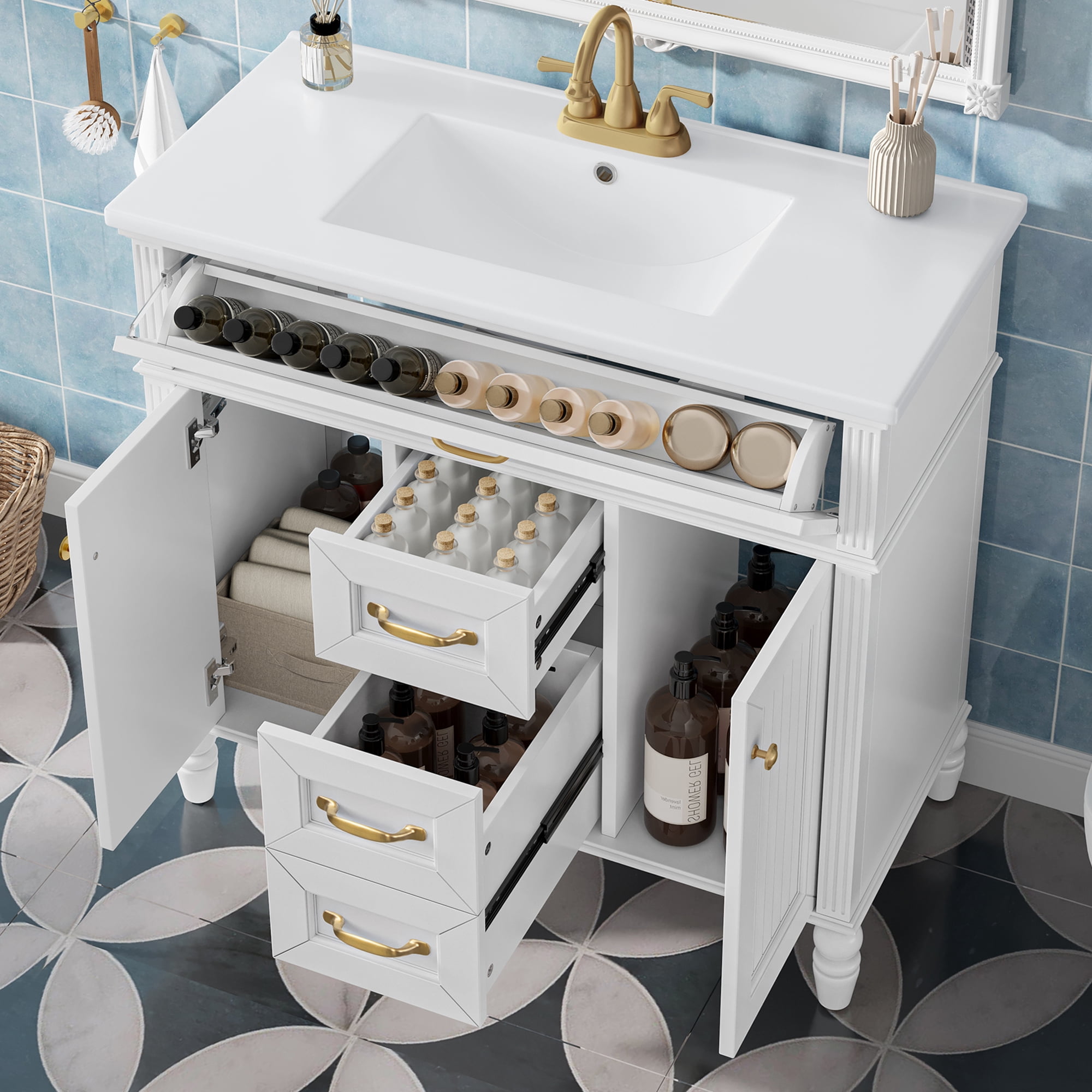 Euroco 36 Inch Bathroom Vanity with Sink Combo, White Freestanding Cabinet with Ceramic Basin, MDF + Solid Wood Frame, Flip-Out Top Drawer, Soft Close Doors, 2 Storage Drawers, Golden Handles