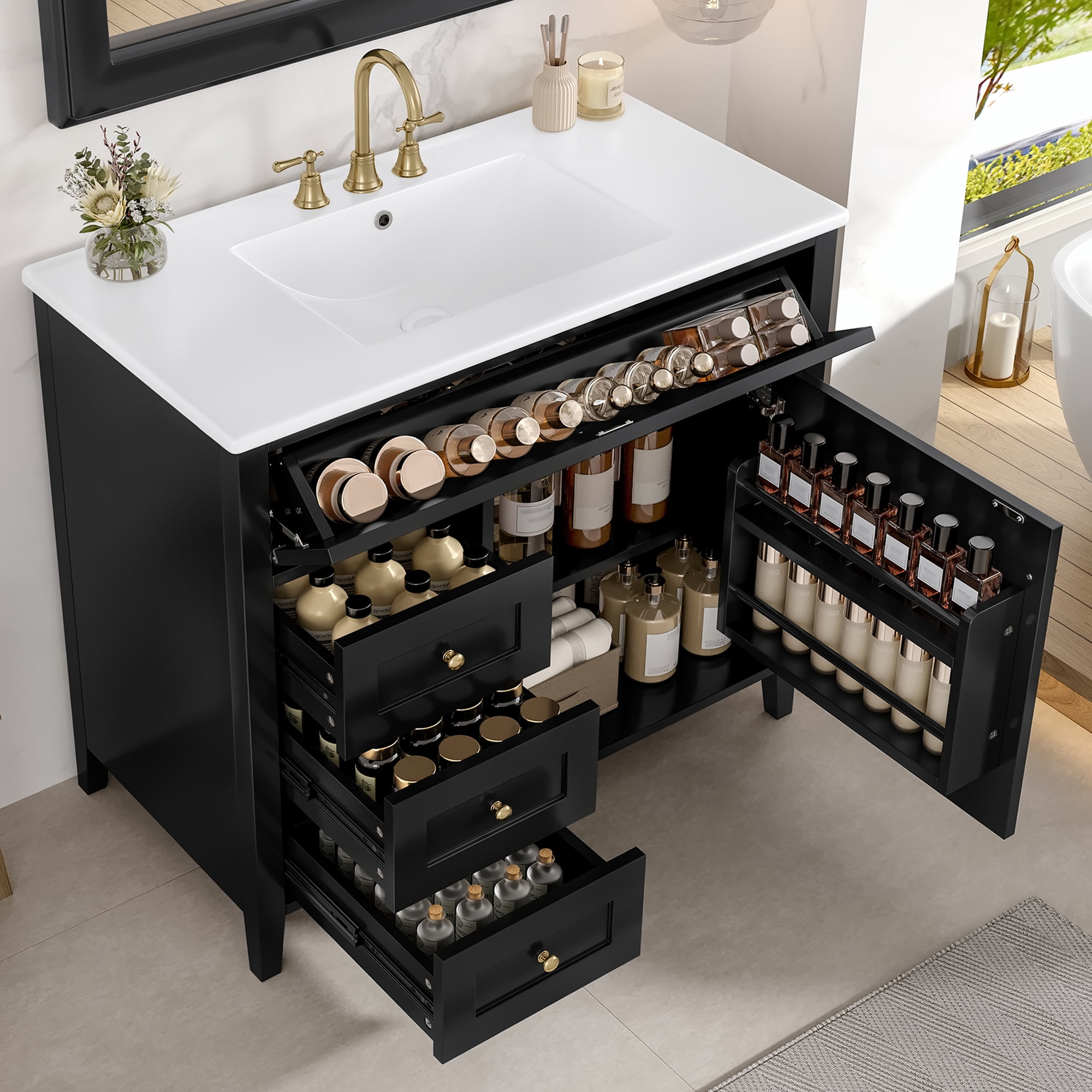 Euroco 36-Inch Black Bathroom Vanity with Sink, Modern MDF and Rubberwood Cabinet with 3 Drawers and Adjustable Shelf, Freestanding Vanity for Bathroom Storage and Organization