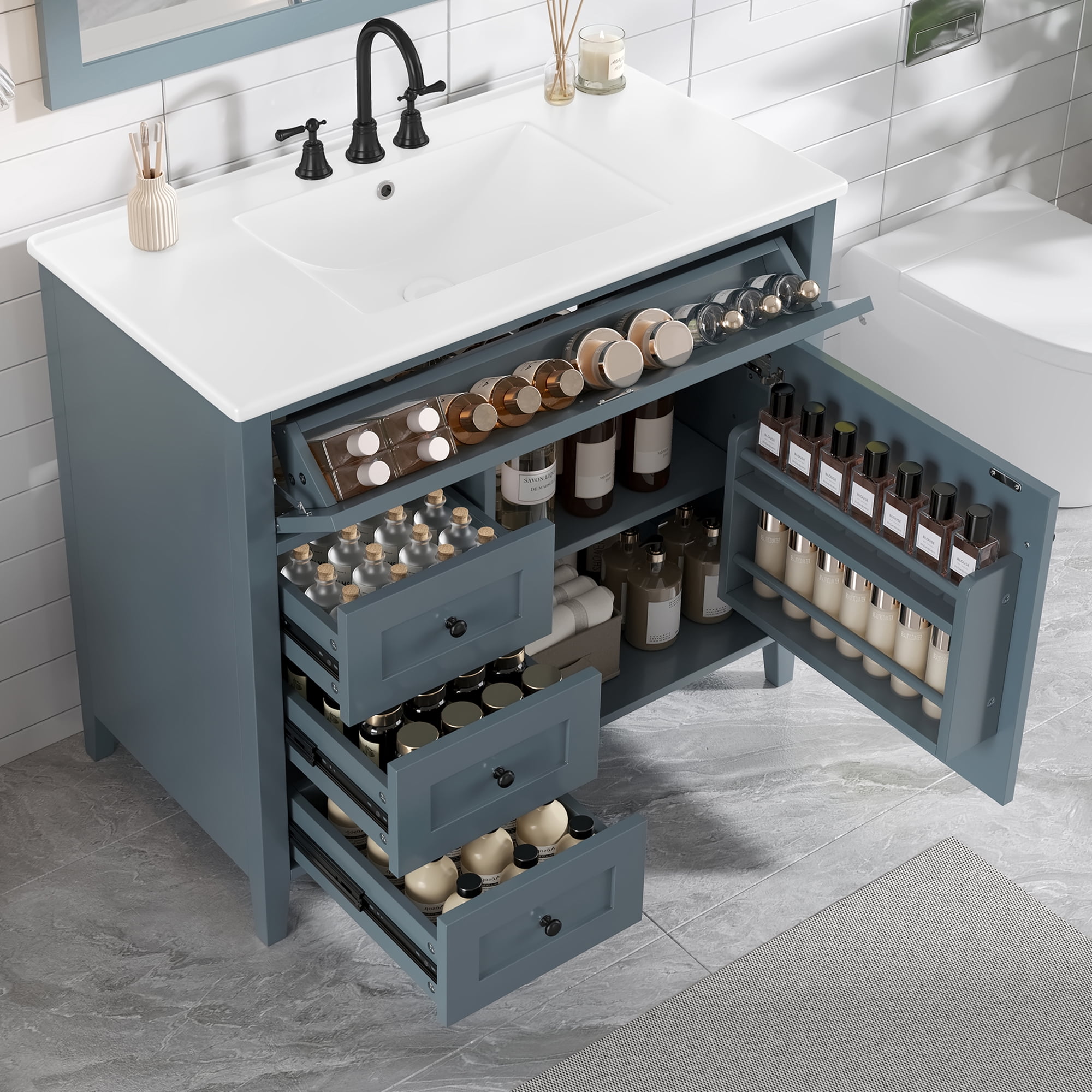 Euroco 36-Inch Blue Gray Bathroom Vanity with Sink, Modern MDF and Rubberwood Cabinet with 3 Drawers and Adjustable Shelf, Freestanding Vanity for Bathroom Storage and Organization