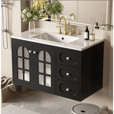 Euroco 36 Inch Floating Bathroom Vanity with Ceramic Sink, Wall Mounted Bathroom Cabinet with 3 Drawers & Soft-close System Cabinet, Black