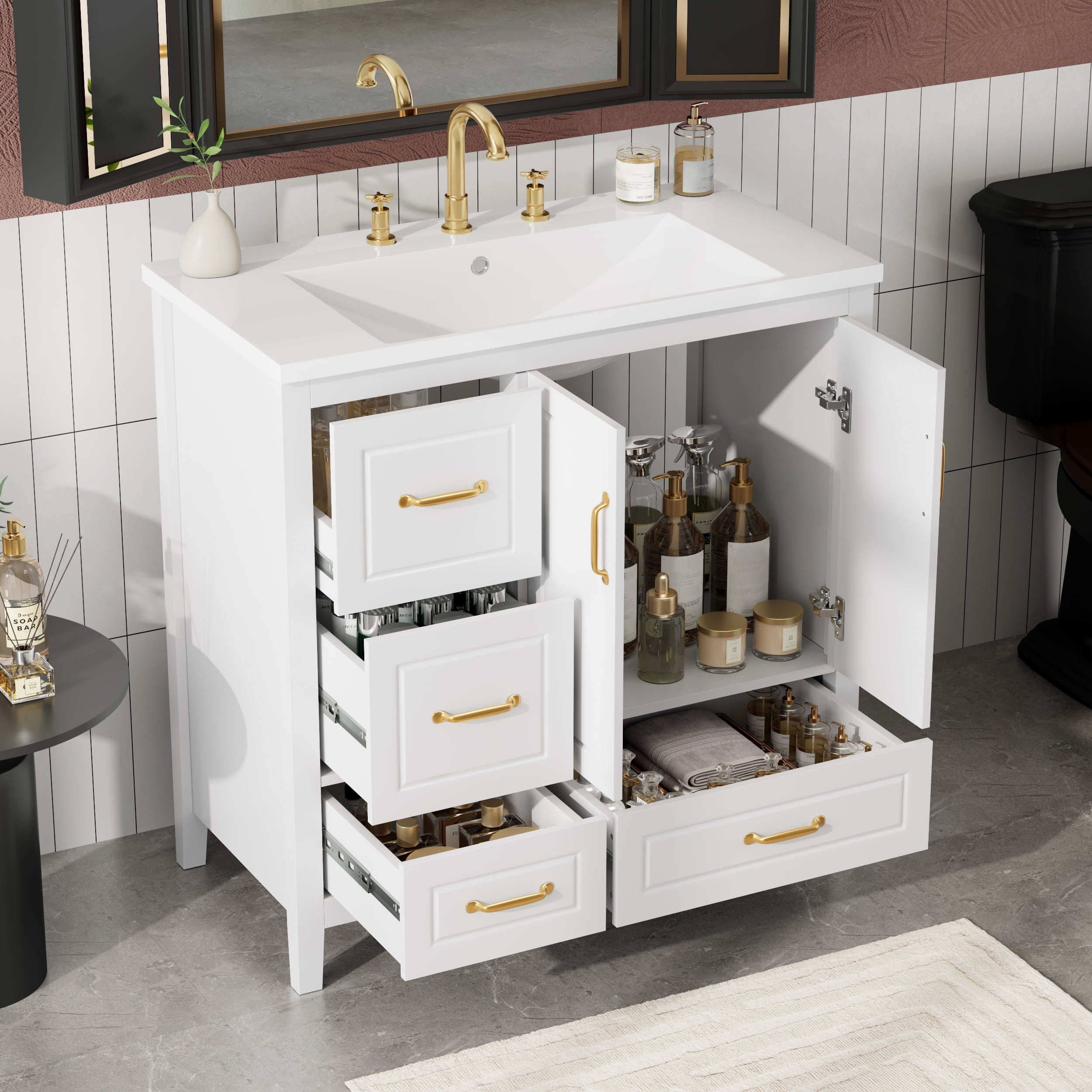 Euroco 36-Inch Freestanding Bathroom Vanity with Resin Sink, Soft-Close Drawers and Cabinet, Gold Handles, Open-Back Design
