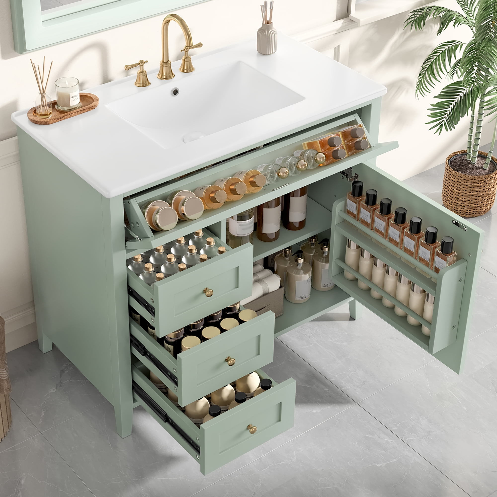 Euroco 36-Inch Green Bathroom Vanity with Sink, Modern MDF and Rubberwood Cabinet with 3 Drawers and Adjustable Shelf, Freestanding Vanity for Bathroom Storage and Organization