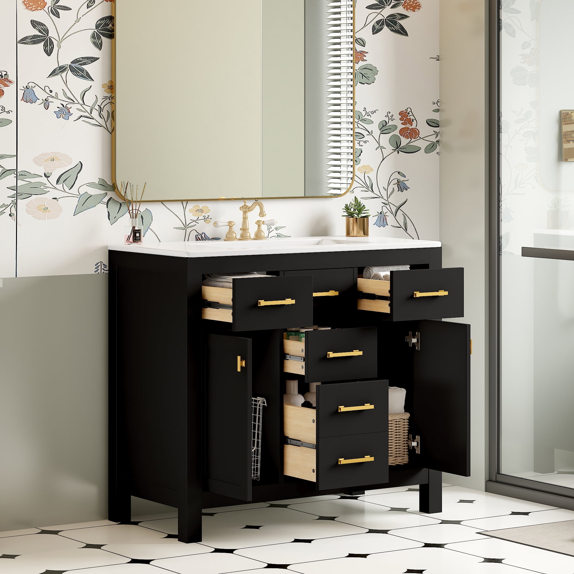 Euroco 36-Inch Solid Wood Bathroom Vanity with Ceramic Sink and Storage Cabinets