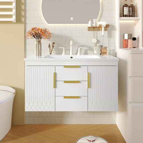 Euroco 36-Inch Wall-Mounted Bathroom Vanity with Resin Sink – Modern Floating Cabinet with Soft-Close Doors and High-Quality Construction