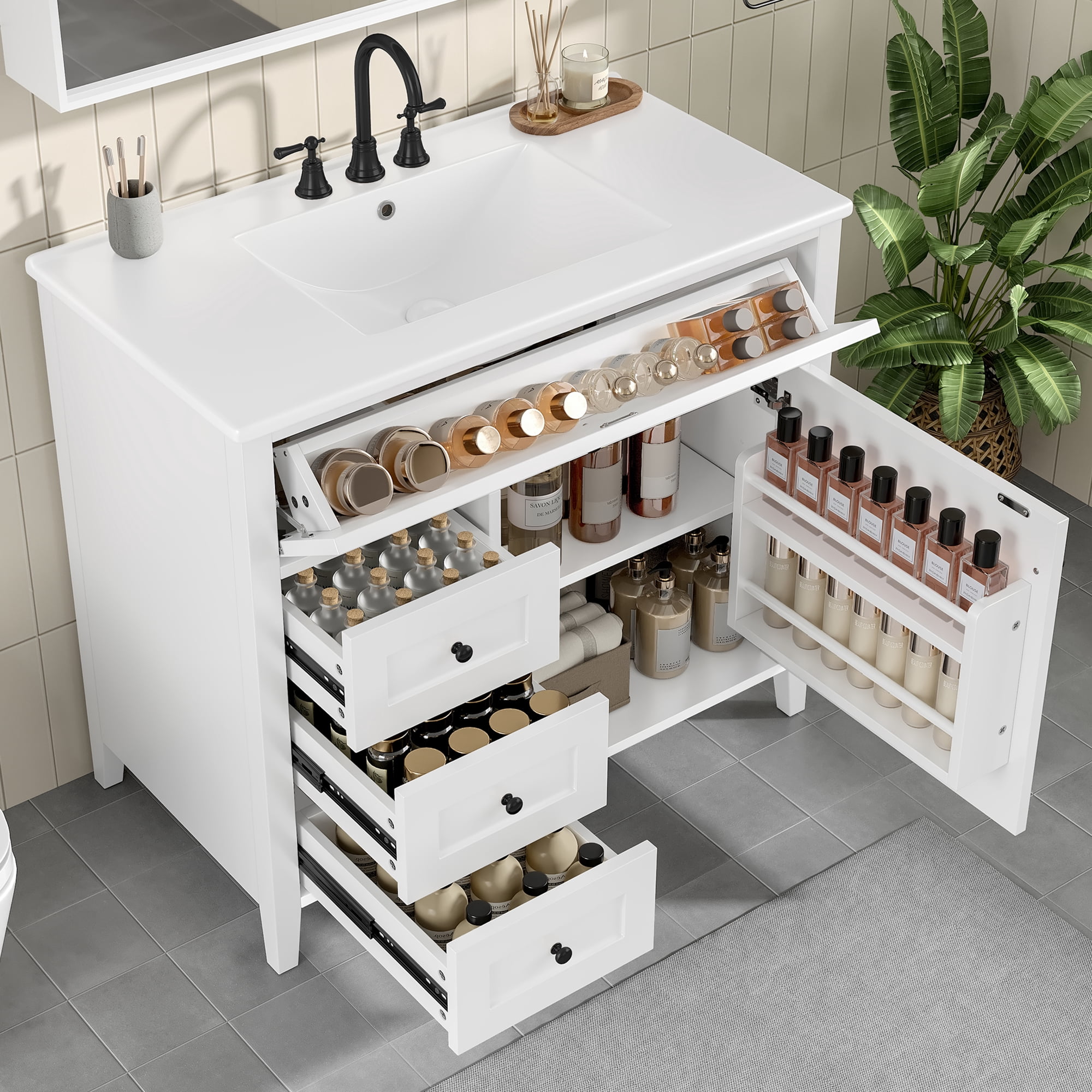 Euroco 36-Inch White Bathroom Vanity with Sink, Modern MDF and Rubberwood Cabinet with 3 Drawers and Adjustable Shelf, Freestanding Vanity for Bathroom Storage and Organization