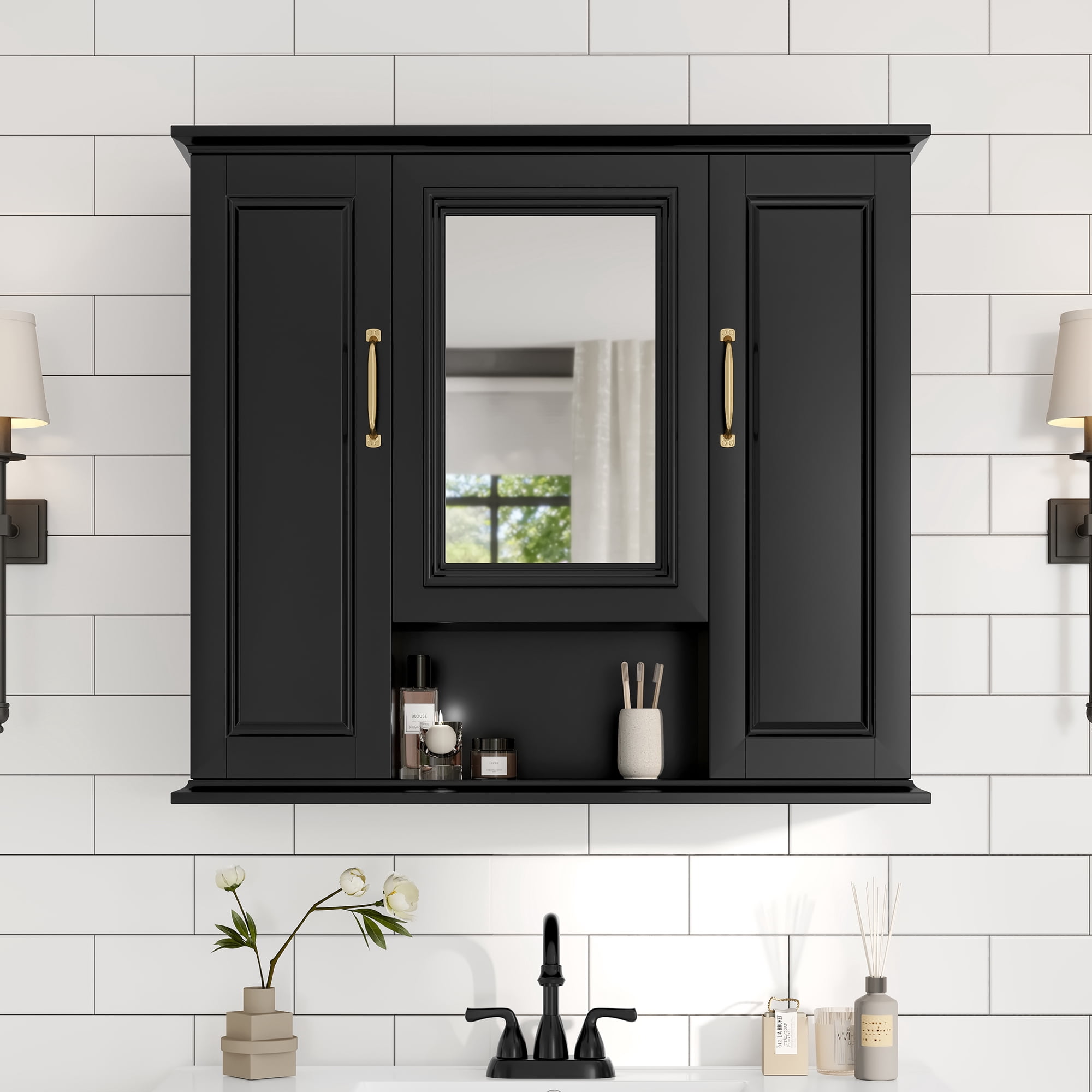 Euroco 36'' Medicine Cabinet, Wall Mounted Bathroom Storage Cabinet, Modern Bathroom Wall Cabinet with Mirror, Mirror Cabinet with 3 Doors (Not Include Bathroom Vanity )