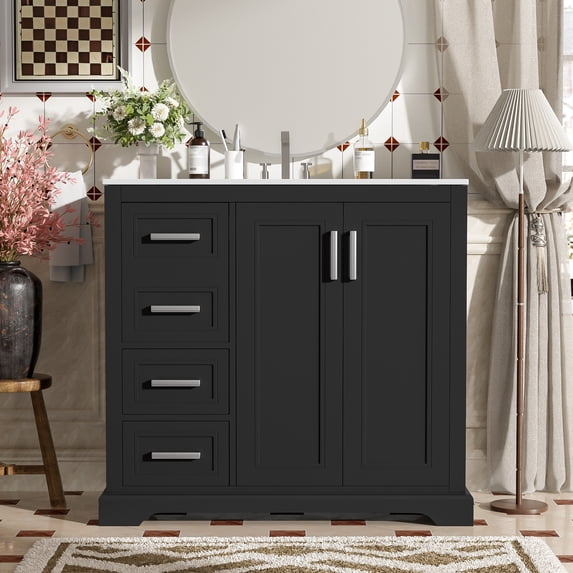 Euroco 36" Modern Bathroom Vanity with Ceramic Sink, Soft-Close Door, Adjustable Shelf & 3 Drawers, Ample Storage