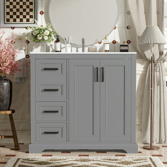 Euroco 36" Modern Bathroom Vanity with Ceramic Sink, Soft-Close Door, Adjustable Shelf & 3 Drawers, Ample Storage.