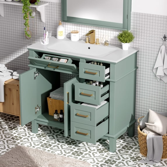 Euroco 36" Modern Bathroom Vanity with Ceramic Sink, Soft Close Doors, 4 Drawers for Storage, Elegant Design for Small Bathrooms