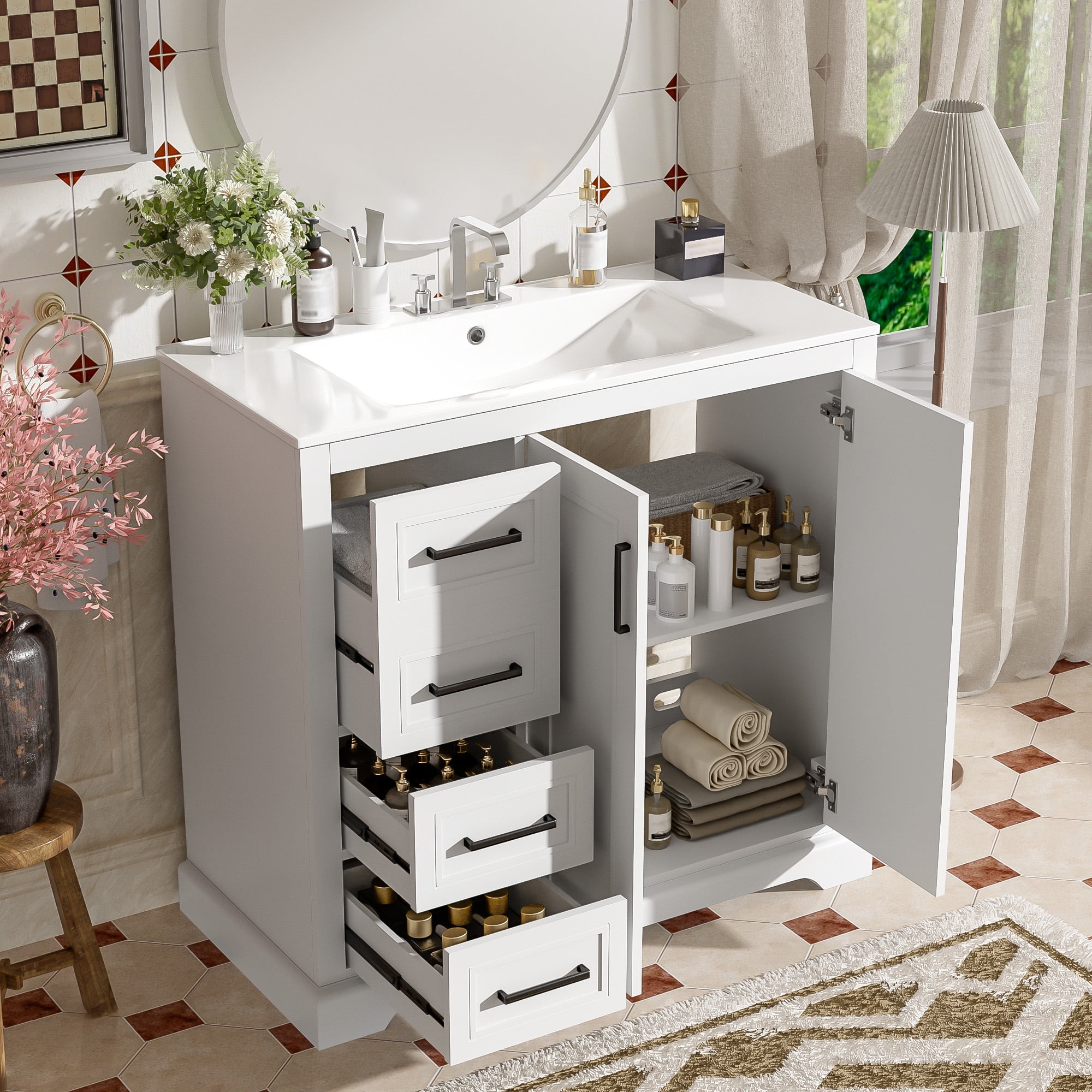 Euroco 36" Modern Bathroom Vanity with Premium Ceramic Sink, Soft-Close Doors, Zinc Alloy Handles, and Ample Storage for Organized Living