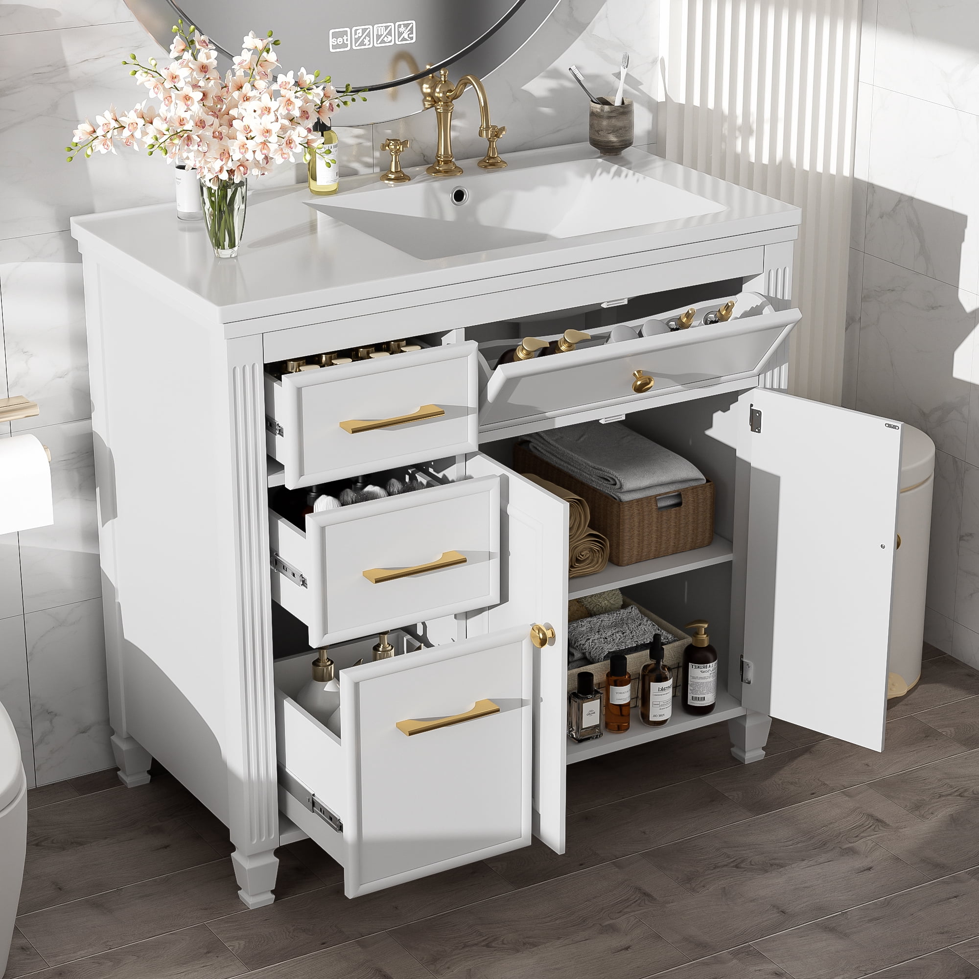 Euroco 36" Modern Freestanding Bathroom Vanity with Ceramic Sink, Acacia Wood Legs, 4 Drawers, Adjustable Shelf – Minimalist Storage Cabinet for Small to Medium Bathrooms