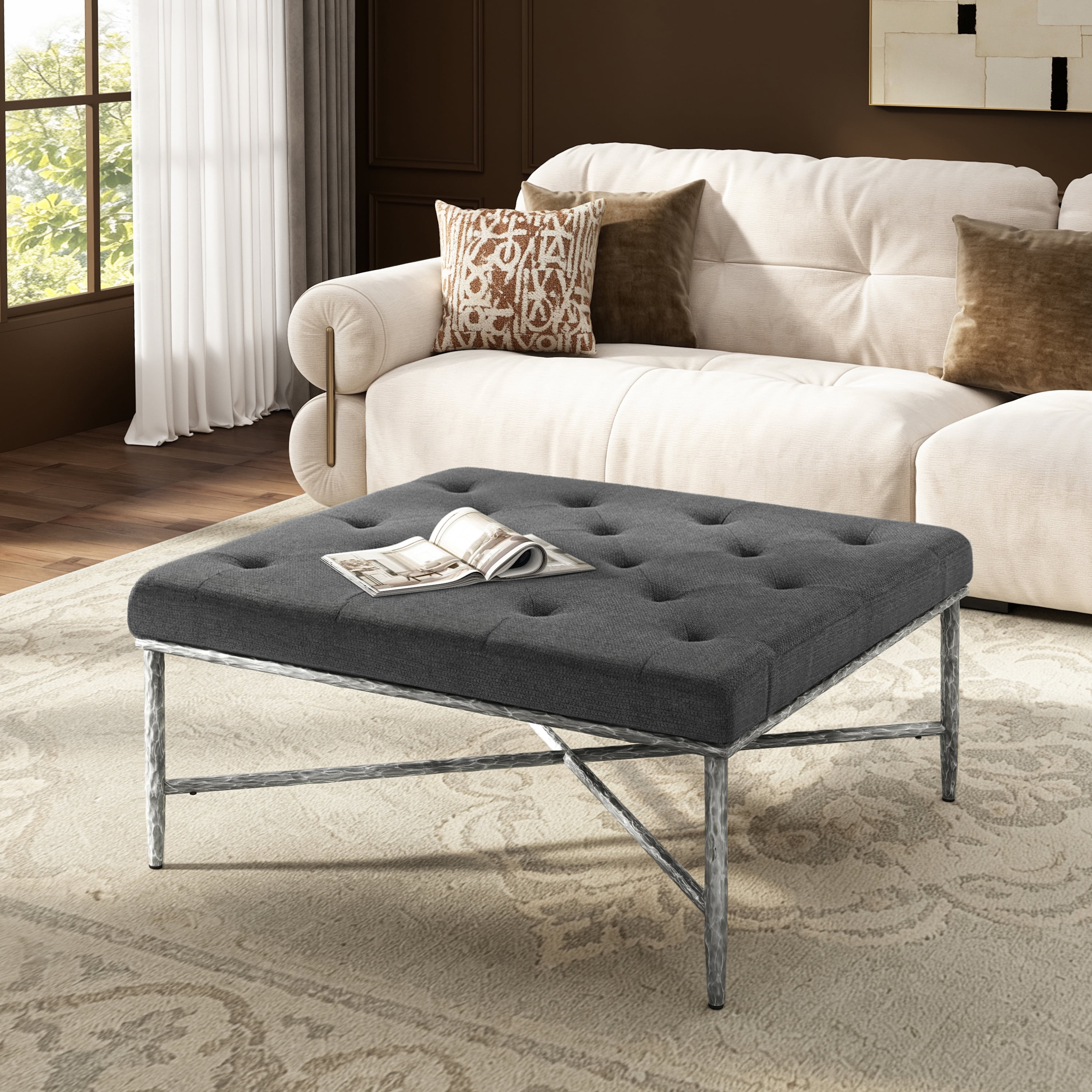 Euroco 36" Square Tufted Ottoman Coffee Table,Modern Upholstered Footstool Center Table with Hammered Metal Frame & X-Base for Living Room,Gray