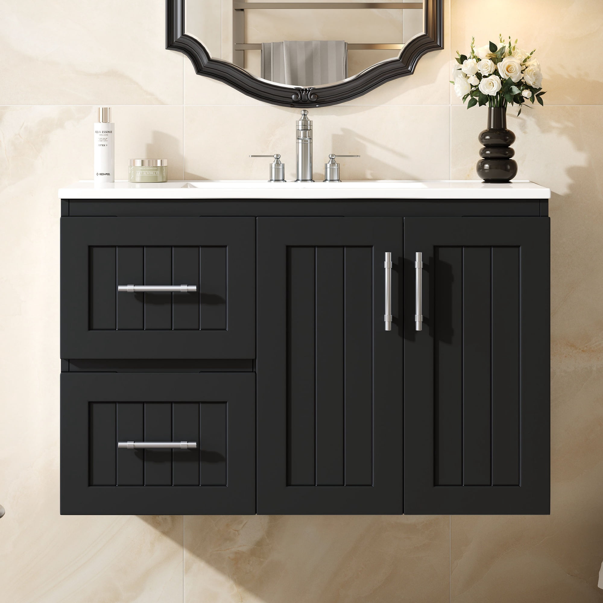 Euroco 36'' Wall Mounted Bathroom Vanity, Floating Bathroom Storage Cabinet with 2 Drawers, 3 Holes Single Ceramic Sink, Modern Cabinet with Adjustable Shelf