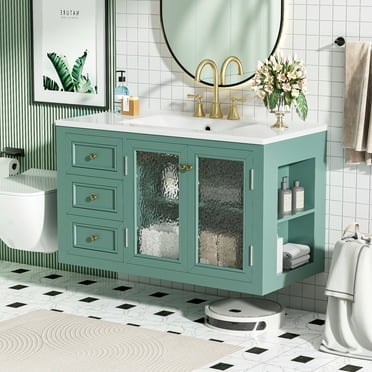 Euroco 36'' Wall Mounted Bathroom Vanity with Ceramic Sink, Floating Bathroom Storage Cabinet with 3 Drawers, Solid Wood Frame Bathroom Cabinet