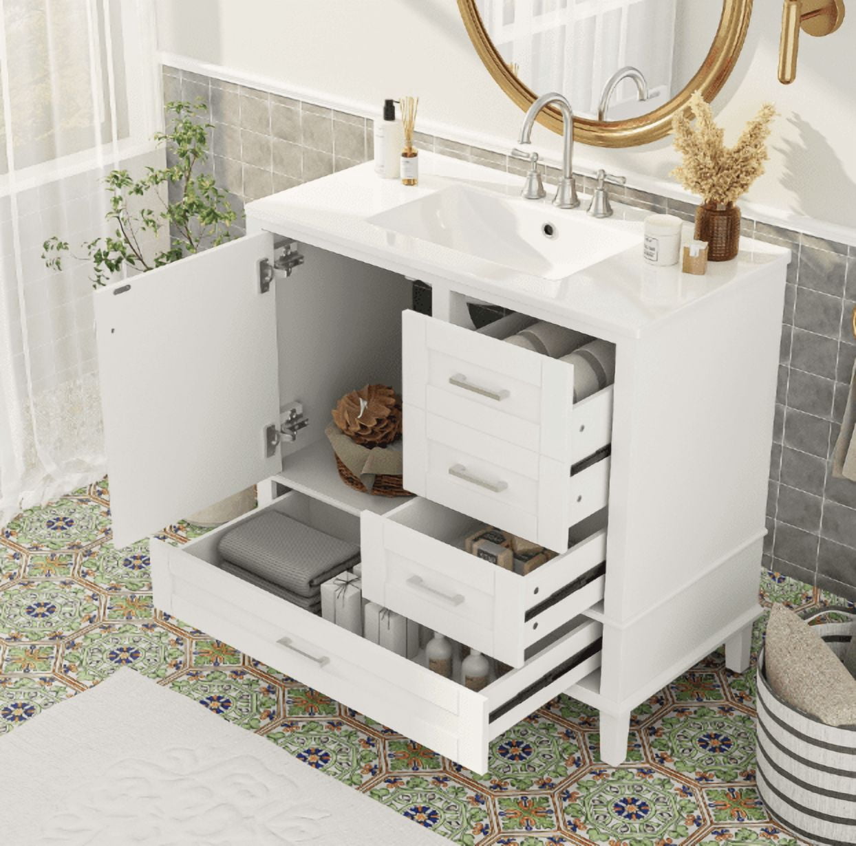 Euroco 36" White Bathroom Vanity with Solid Pine Frame, 1 Soft Close Door and 3 Drawers , Modern Storage Cabinet
