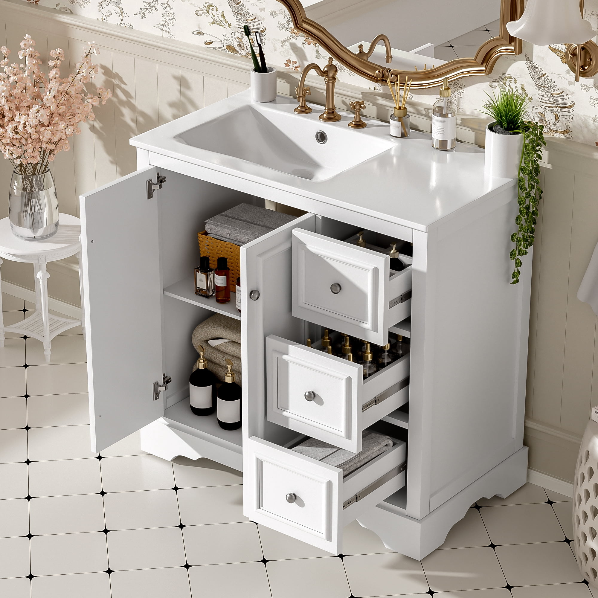 Euroco 36'' transitional bathroom vanity with ceramic sink – features 2 soft-close doors, an adjustable U-shaped shelf, 3 drawers (including one with divider), painted finish, and ample storage space