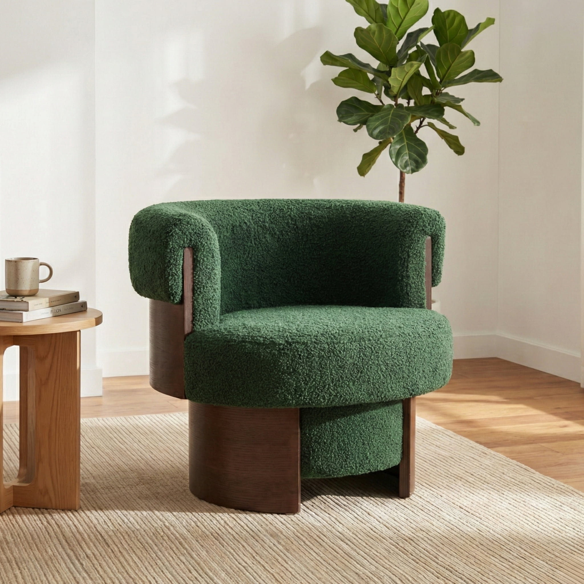 Euroco 360° Swivel Barrel Chair, Modern Curved Sculptural Swivel Accent Chair with Armrest and Soft Cushion,Oversized Upholstered Armchair Single Sofa for Living Room,Bedroom,Small Spaces,Green