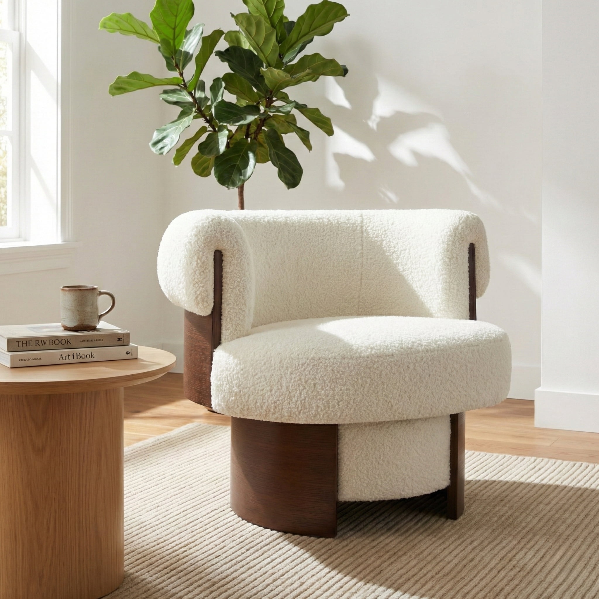 Euroco 360° Swivel Barrel Chair, Modern Curved Sculptural Swivel Accent Chair with Armrest and Soft Cushion,Oversized Upholstered Armchair Single Sofa for Living Room,Bedroom,Small Spaces,Beige