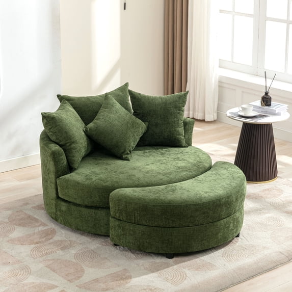 Euroco 360° Swivel Barrel Chair with Storage Ottoman and 4 Movable Pillows, Upholstered Linen Accent Chair with Ergonomic Backrest, Metal Base