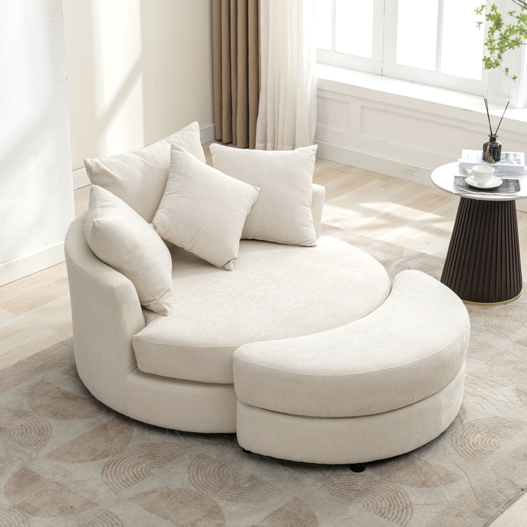 Euroco 360° Swivel Barrel Chair with Storage Ottoman and 4 Movable Pillows, Upholstered Linen Accent Chair with Ergonomic Backrest, Metal Base