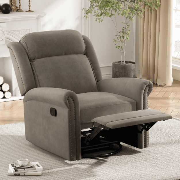 Euroco 360° Swivel Recliner Manual Rocking Recliner Home Theater Manual Recliner Chair Nursery Rocker with Adjustable Backrest for Living Room, Light Brown