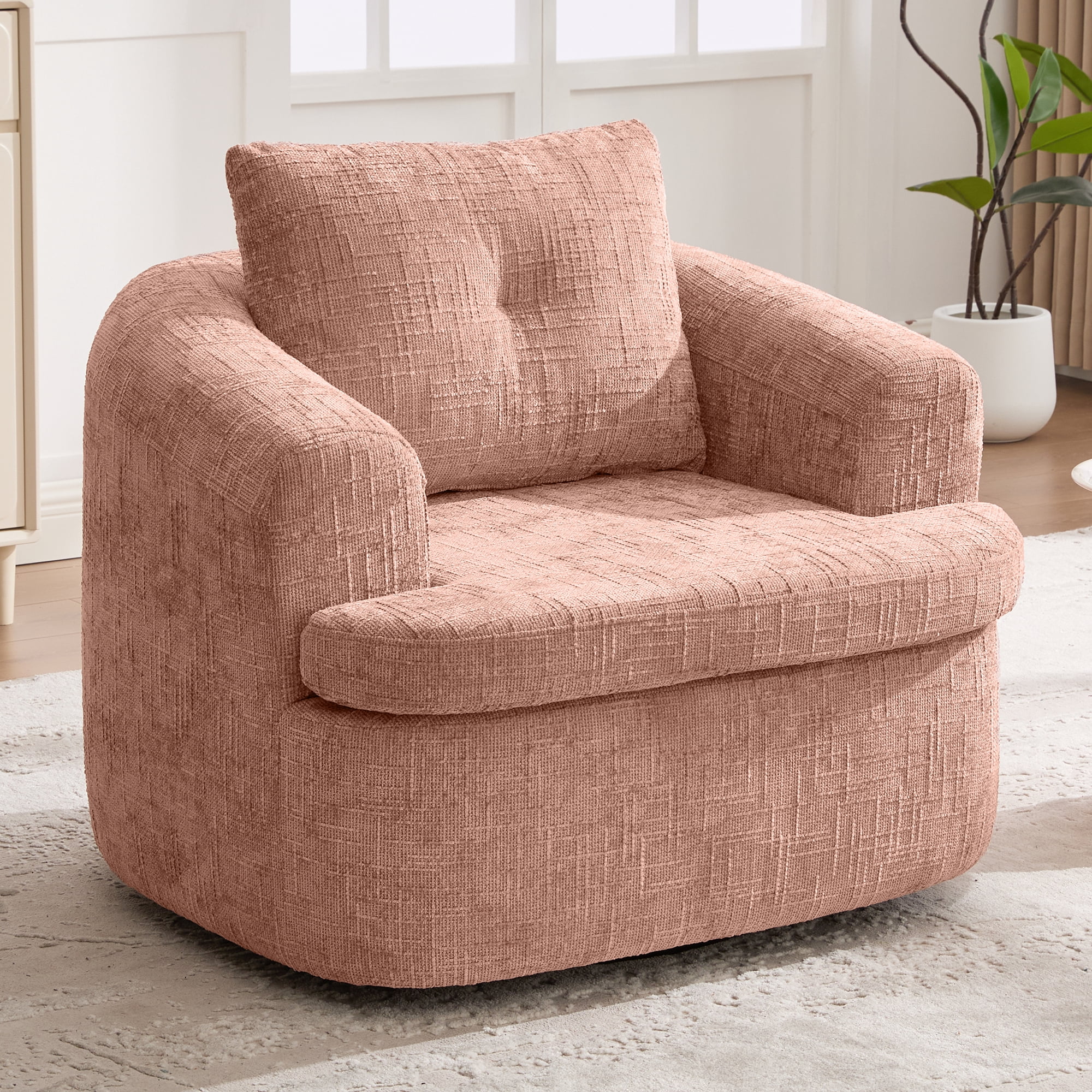 Euroco 360° Swivel Sofa Chair Accent Barrel Chair 36.6" Swivel Round Chair with Dual-layer Cushion Design for Living Room, Bedroom, Office and Hotel, Pink