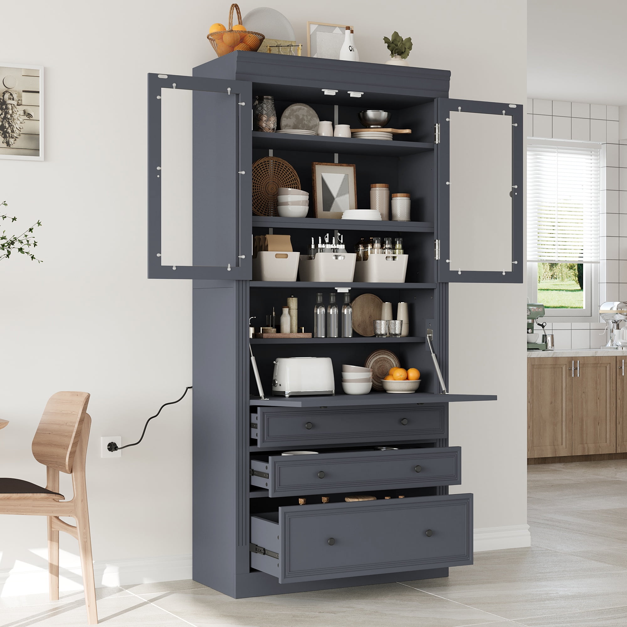 Euroco 36x16.5x78inch Freestanding Kitchen Pantry Storage Cabinet,Multifunctional Cupboard with 3 Drawers,Adjustable Shelves and Power Outlet for Dining and Living Room,Gray