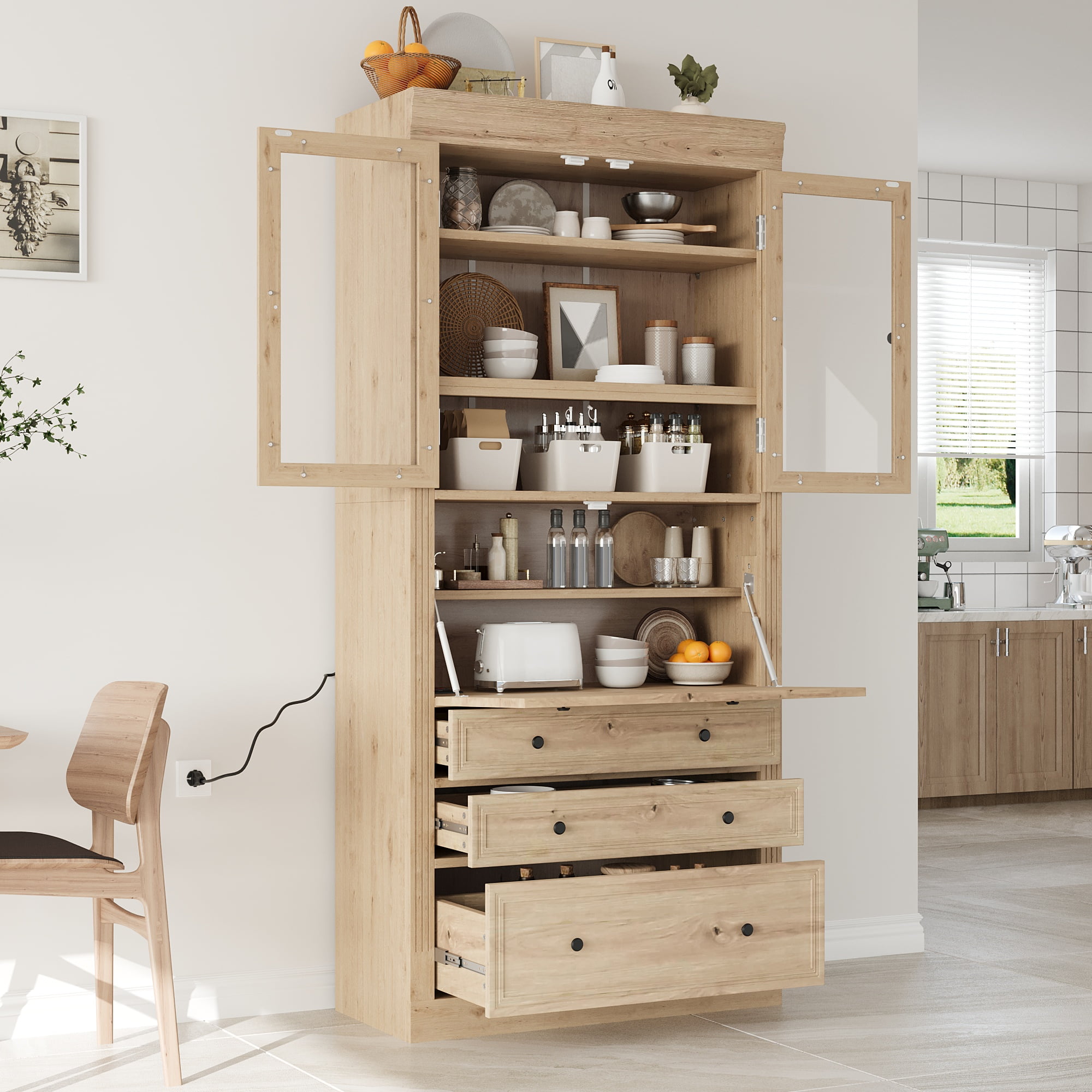 Euroco 36x16.5x78inch Freestanding Kitchen Pantry Storage Cabinet,Multifunctional Cupboard with 3 Drawers,Adjustable Shelves and Power Outlet for Dining,Living Room,Natural