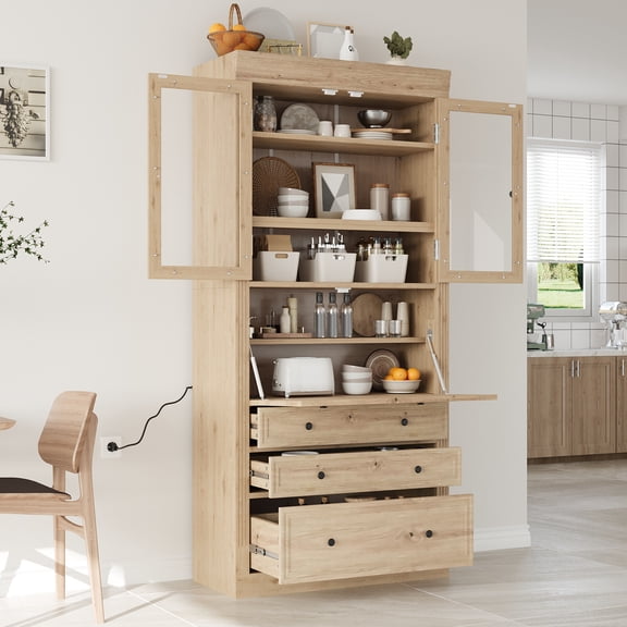 Euroco 36x16.5x78inch Freestanding Kitchen Pantry Storage Cabinet,Multifunctional Cupboard with 3 Drawers,Adjustable Shelves and Power Outlet for Dining,Living Room,Natural