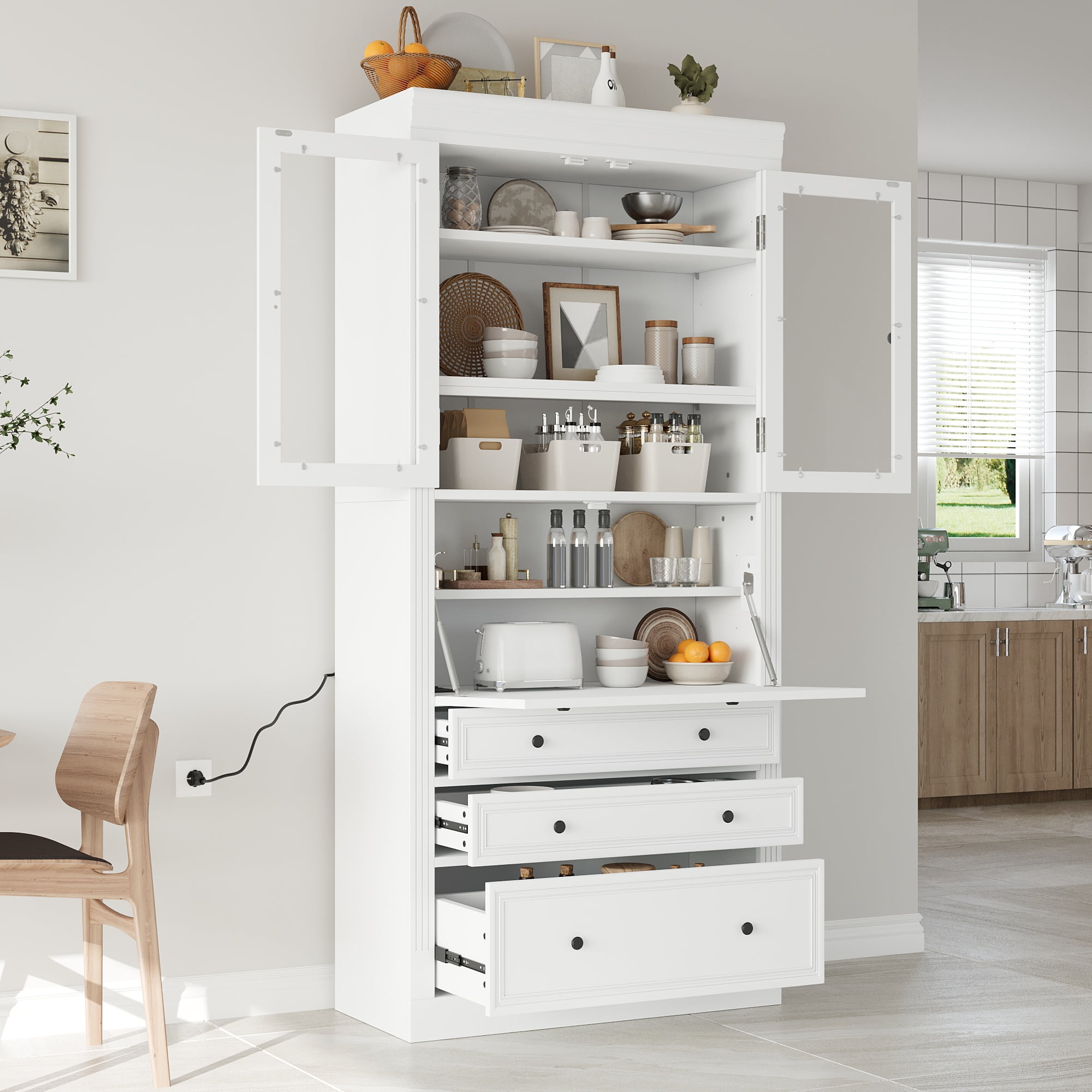 Euroco 36x16.5x78inch Freestanding Kitchen Pantry Storage Cabinet,Multifunctional Cupboard with 3 Drawers,Adjustable Shelves and Power Outlet for Dining and Living Room,White
