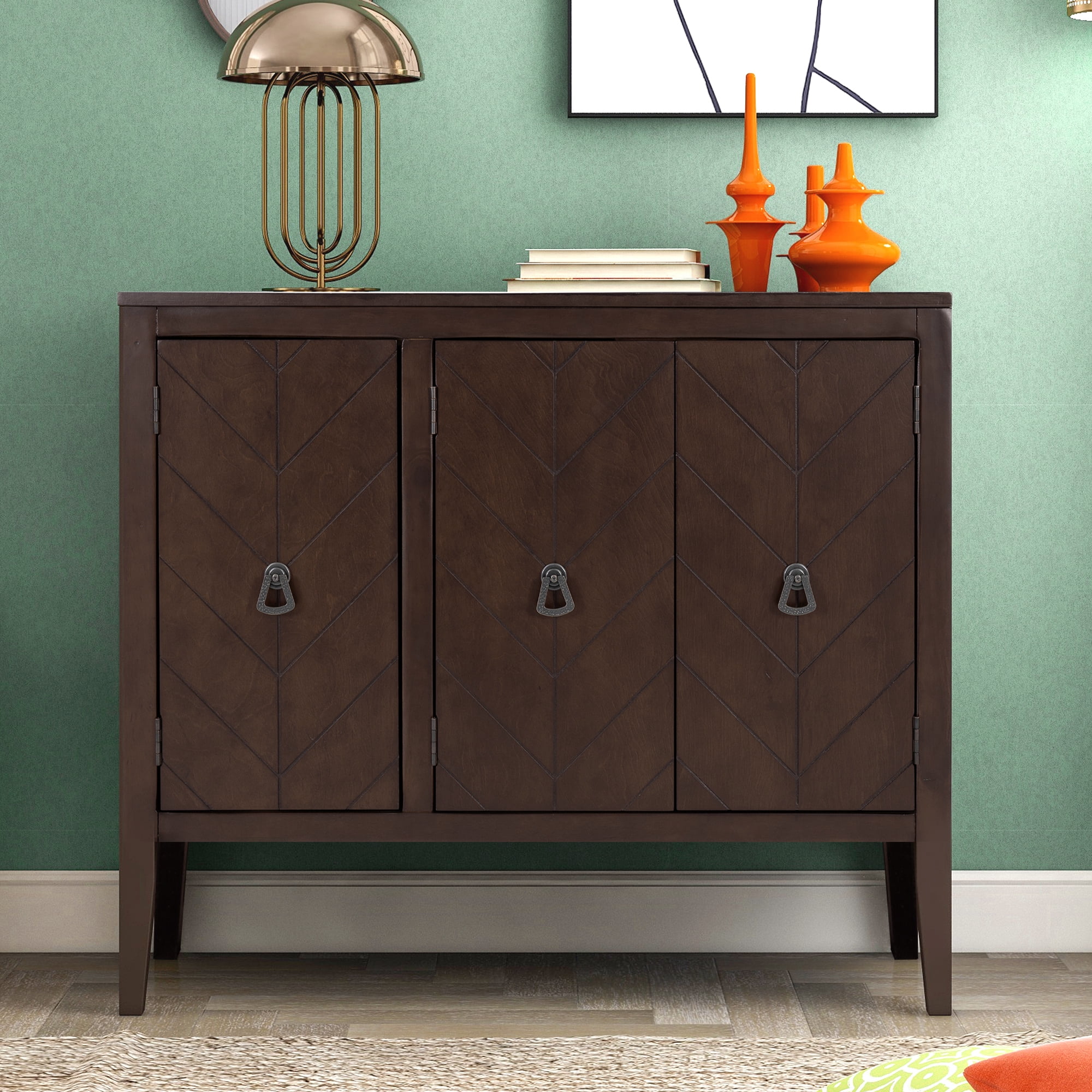 Euroco 37" Sideboard Buffet Cabinet,Wood Retro Storage Cabinet with Adjustable Shelf and 3 Doors for Kitchen Living Room,Brown