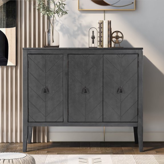 Euroco 37" Sideboard Buffet Cabinet,Wood Retro Storage Cabinet with Adjustable Shelf and 3 Doors for Kitchen Living Room,Grey
