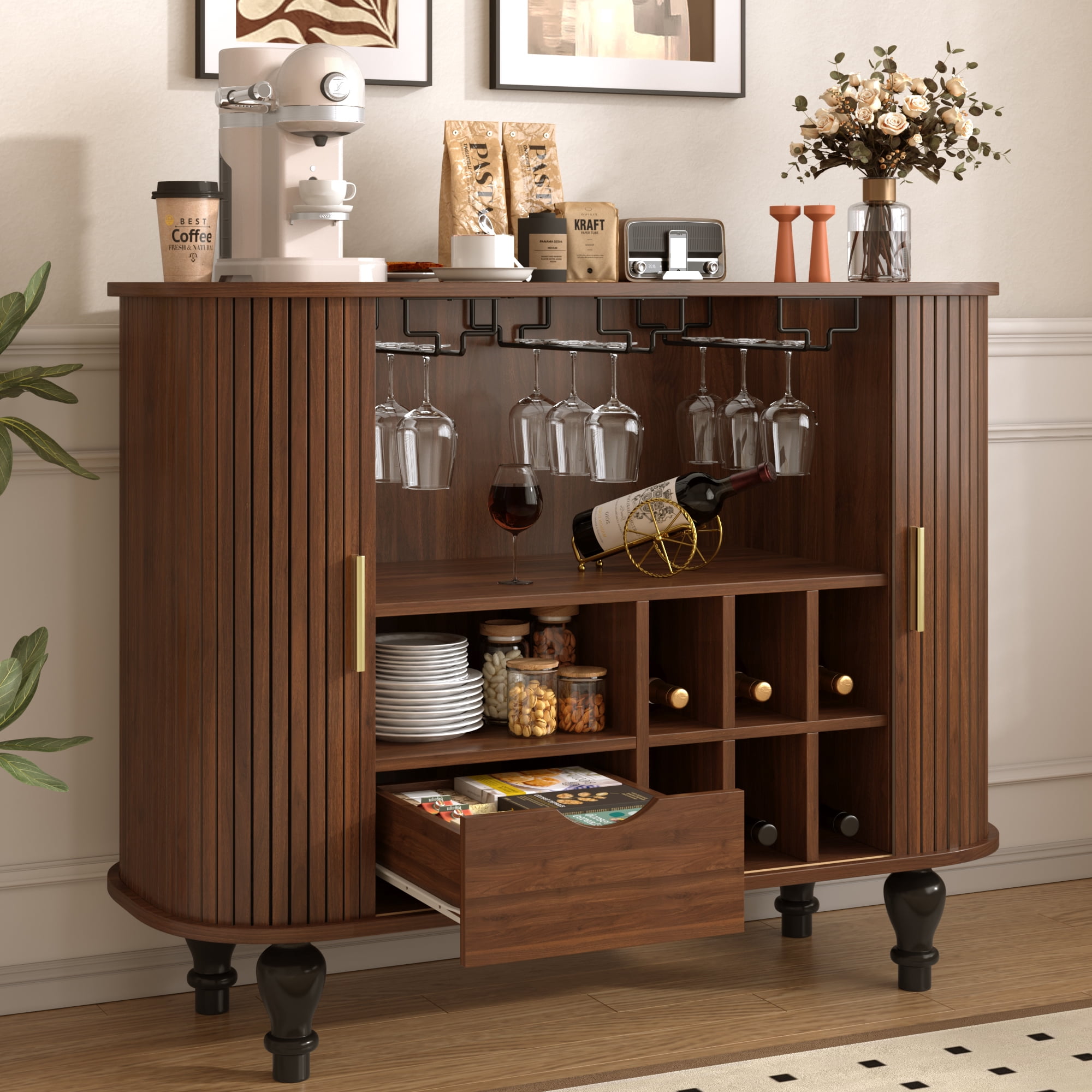 Euroco 39" Wine Bar Cabinet, Standing Liquor Cabinet with 6 Wine Racks,3 Glass Holders,Storage Drawer & Side Hidden Storage Space,Coffee Bar Cabinet for Kitchen Dining Room,Walnut