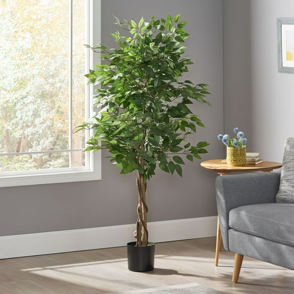 Euroco 4.9FT Artificial Ficus Tree with Realistic Leaves and Natural Trunk,Fake Ficus Tree with Nursery Pot for Home Office Living Room,Garden Decor