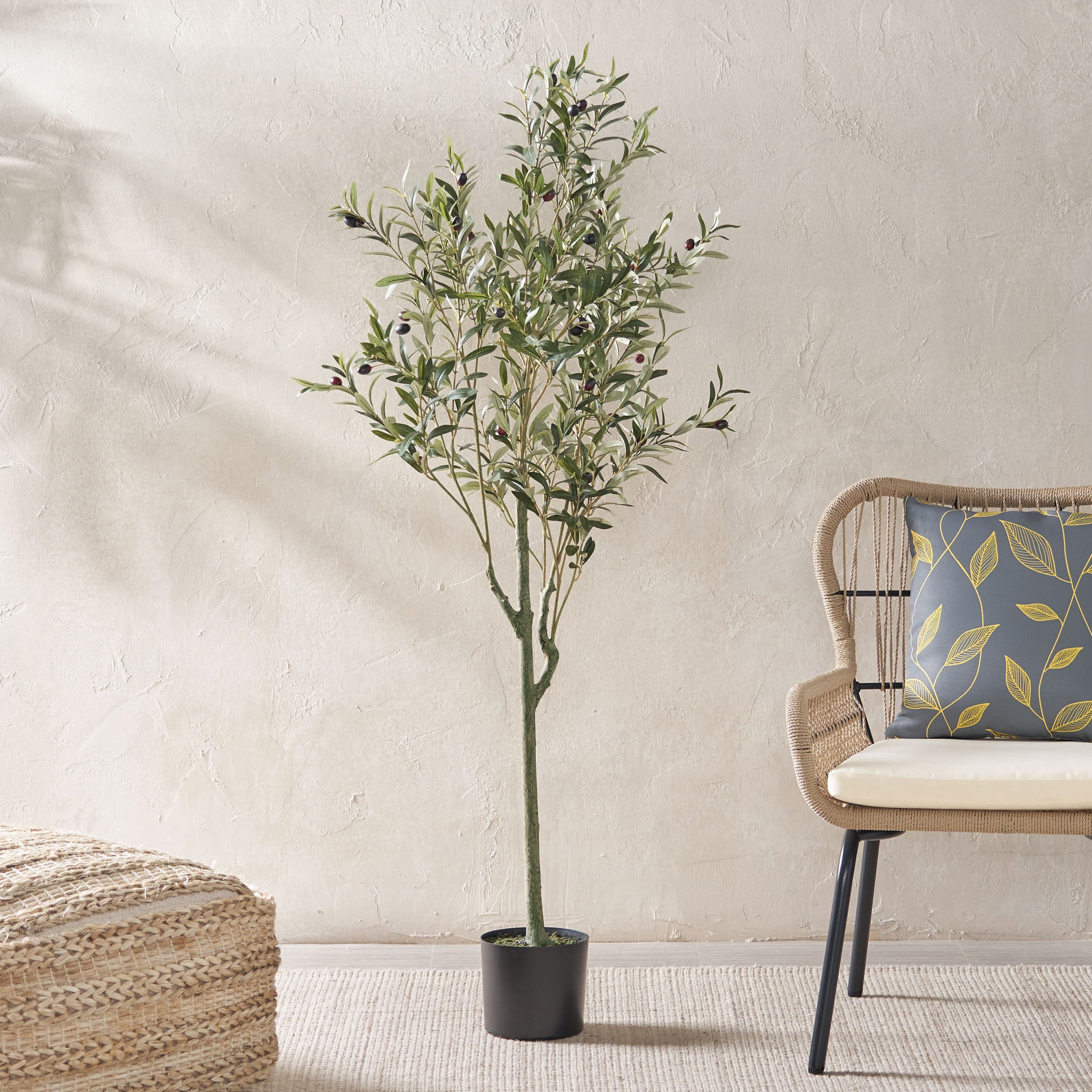 Euroco 4.9FT Artificial Olive Tree, 59" Tall Fake Potted Olive Silk Tree with Pot & Natural Trunk for Home Office Living Room Decor Indoor
